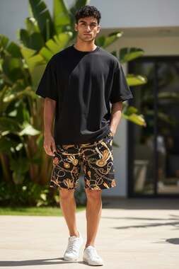 Cactus Man Men's Black Baroque Chain and Tassel Print Shorts Size Medium